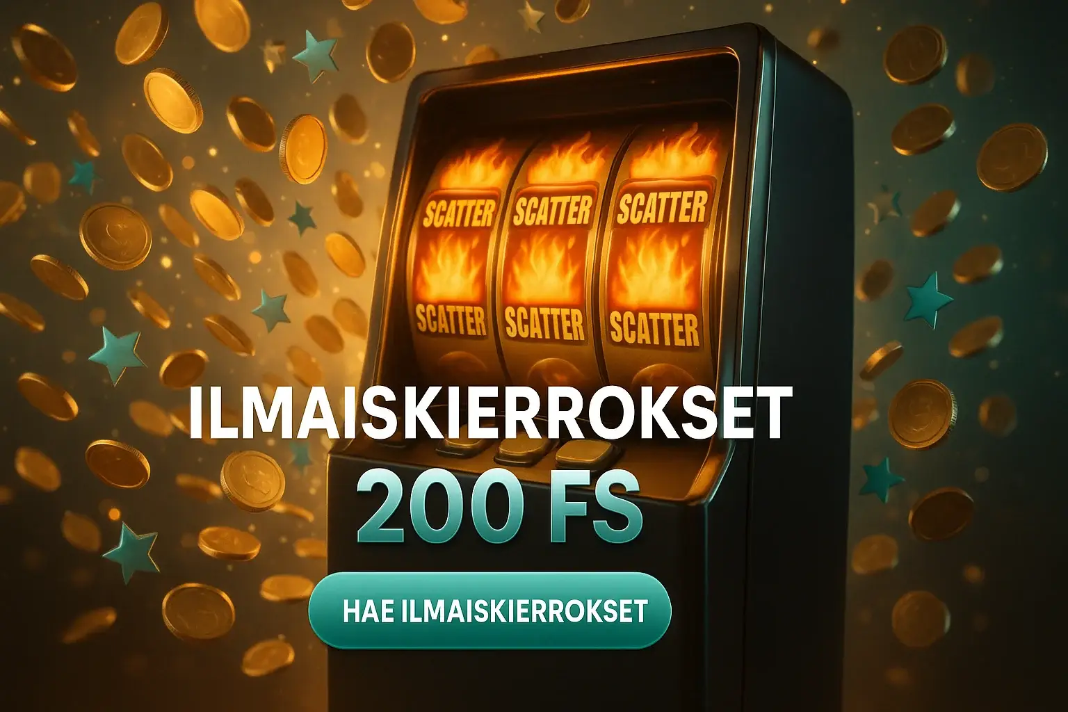 Fotorealistinen suomalainen kasinobonusbanneri, hehkuva kolikkopeli ja 200 ilmaiskierrosta