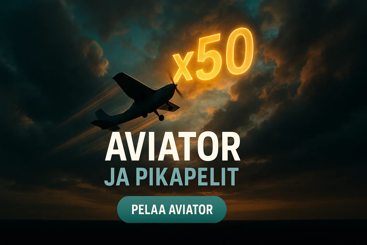 Suomalainen kasinobanneri, lentokone nousee pilvien läpi ja x50 hehkuu