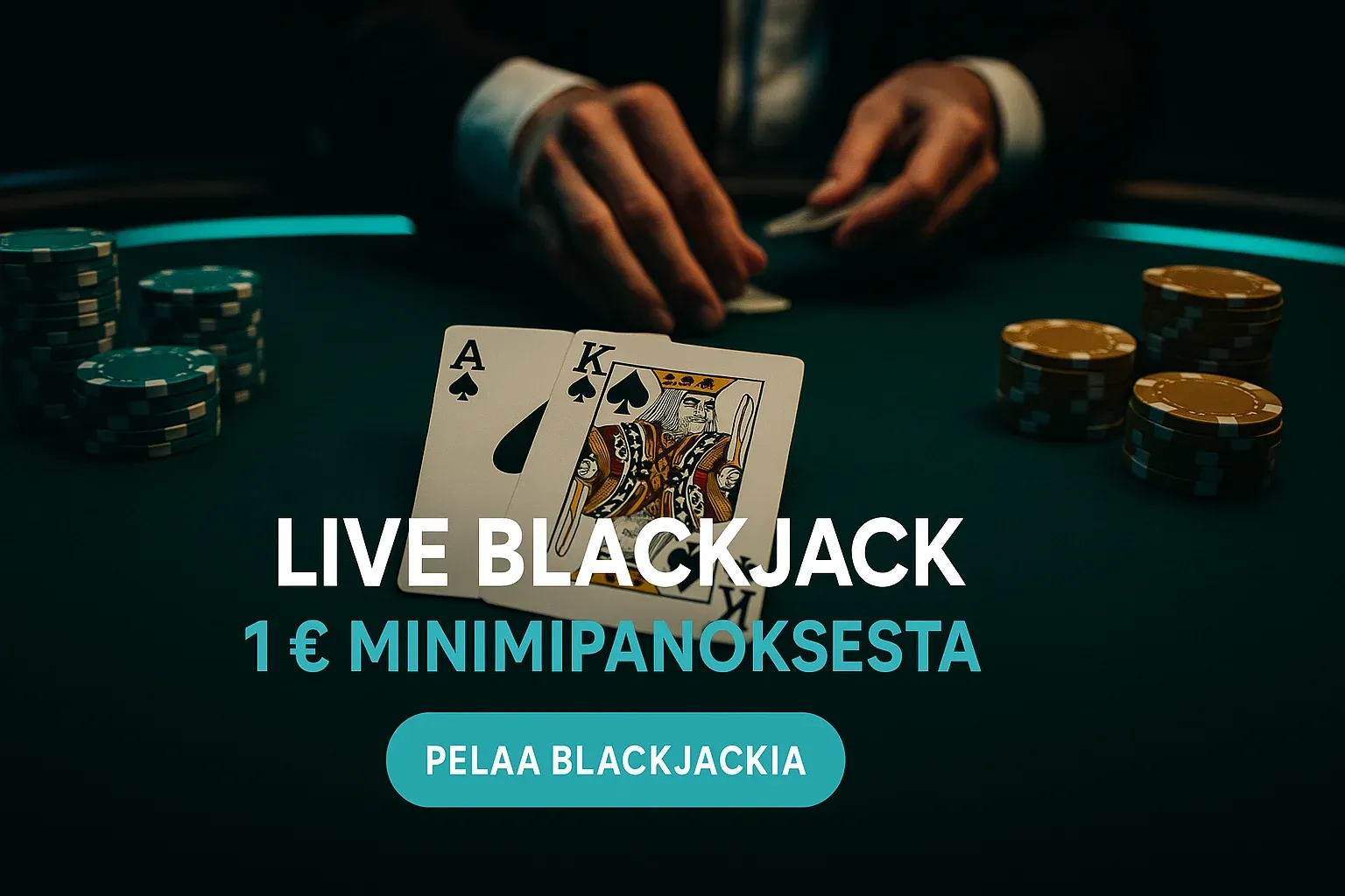 Fotorealistinen live blackjack -pöytä, ässä ja kuningas, pelimerkit ja CTA-teksti