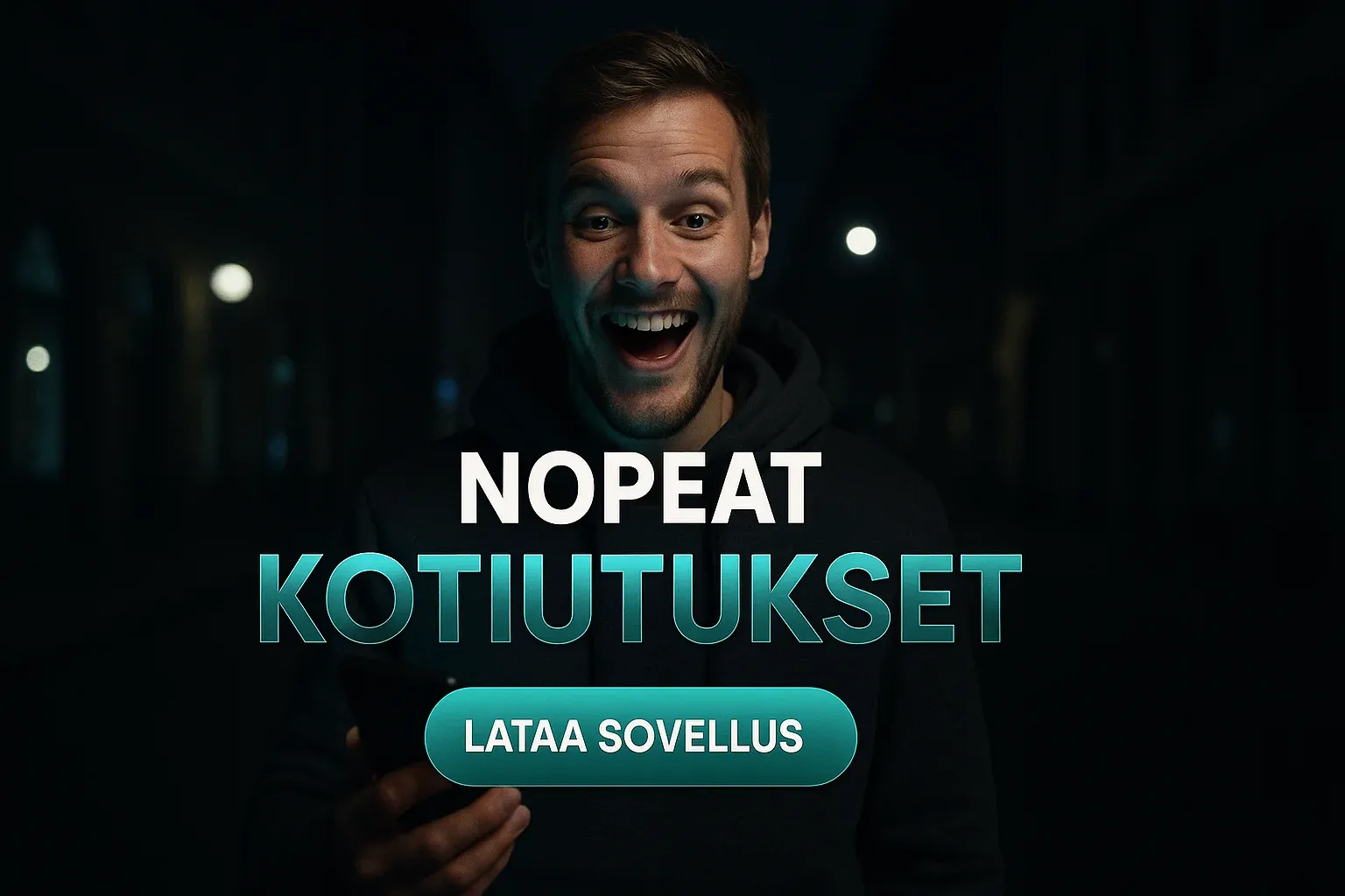 Suomalainen kasino mainosbanneri, mies hupparissa ja puhelin, nopeat kotiutukset