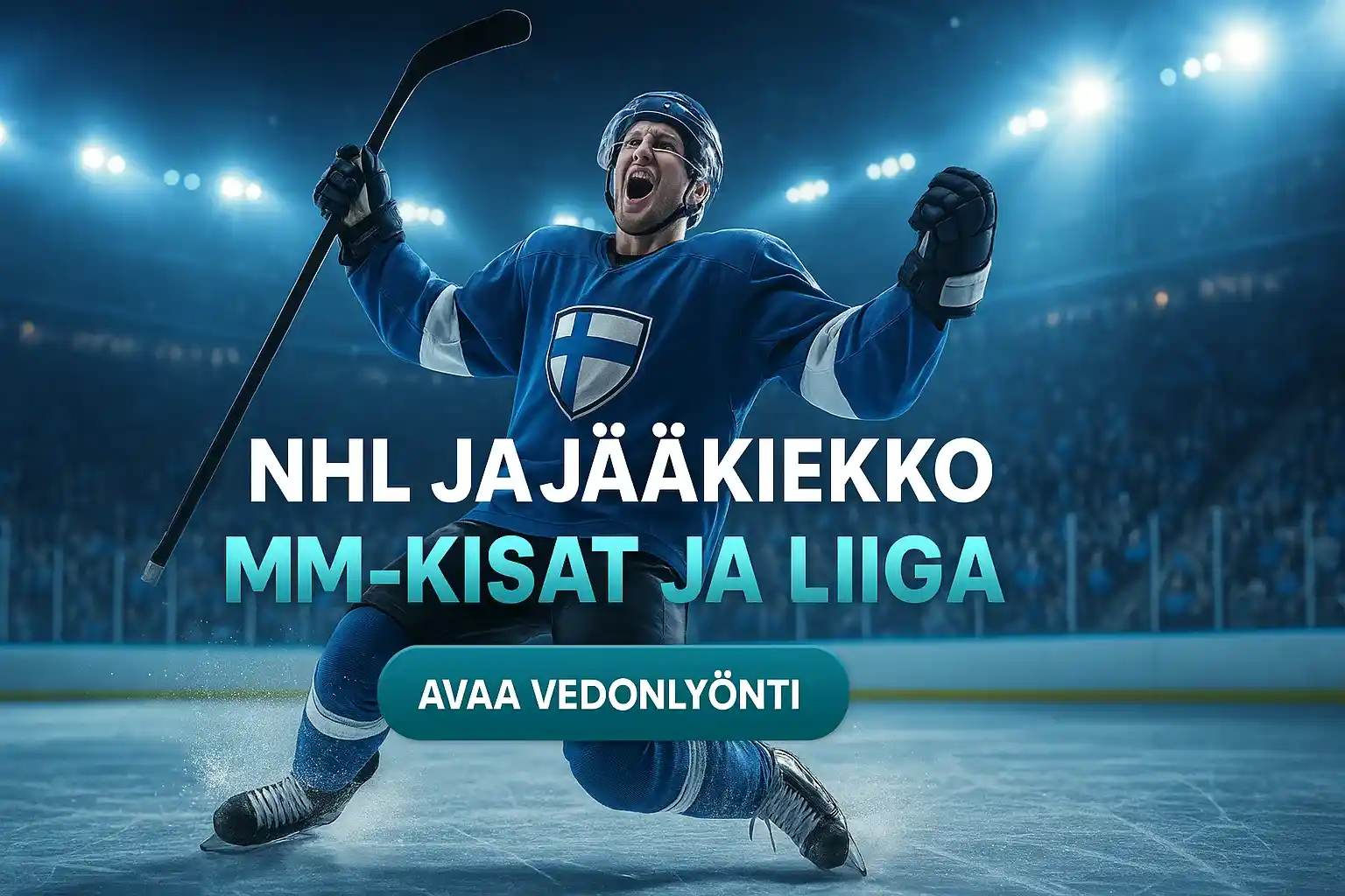 Suomalainen jääkiekkoilija juhlii maalia, vedonlyönti mainosbanneri areenalla